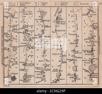 Mappa della strada di York-Knaresborough-Skipton-Settle-Lancaster. BOWLES 1782 Foto Stock