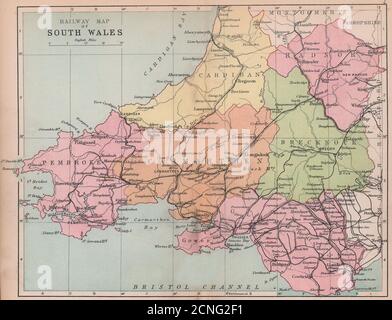 WALES Railway Map of South Wales BARTHOLOMEW 1882 antico piano grafico Foto Stock