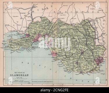 GLAMOURGANSHIRE Cardiff Swansea Neath Port Talbot Galles BARTHOLOMEW 1882 mappa Foto Stock