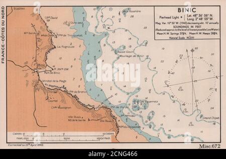 Binic Sea Coast grafico. Mappa di pianificazione D-Day. Côtes-d'Armor. AMMIRAGLIATO 1943 Foto Stock