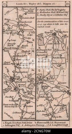 Leeds-Harewood-Knaresborough-Ripley-Ripon Road Strip map PATERSON 1803 vecchio Foto Stock