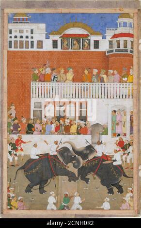 Shah Jahan guardando una lotta elefante, Folio da un Padshahnama, probabilmente 1639. Foto Stock