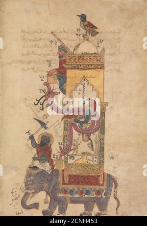 L'Orologio degli Elefanti, Folio da un Libro della conoscenza dei dispositivi meccanici ingegnosi di al-Jazari, datato A.H. 715/A.D. 1315. Foto Stock