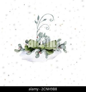 Carta Natale acquerello con bouquet. Disegno a mano decorazione di natale. Design per le vacanze invernali. Berry corona per il biglietto di auguri di Natale. Foto Stock