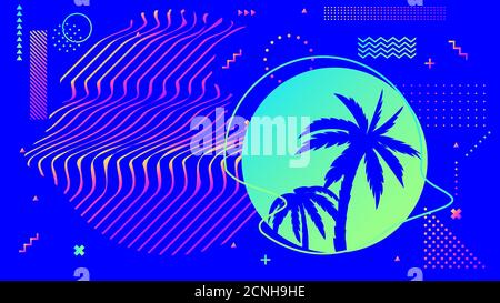 Cyberpunk sfondo blu luminoso con palme in cornice circolare con linee o strisce ondulate. Stile Synthwave Illustrazione Vettoriale