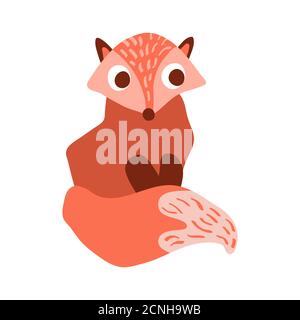 Carino volpe cartoon in stile semplice ingenuo. Animale boscoso seduto con grandi occhi isolati su sfondo bianco. Illustrazione vettoriale. Illustrazione Vettoriale