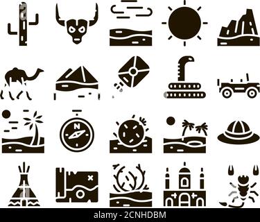 Deserto Sandy Landscape Glyph Set Vector Illustrazione Vettoriale
