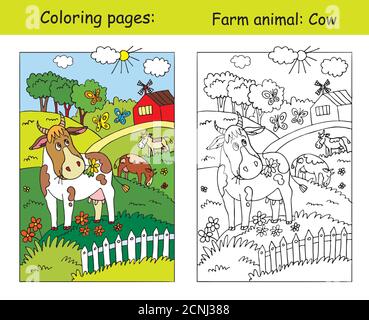Pagine da colorare con simpatico prato di mucca sul prato della fattoria. Illustrazione vettoriale cartoon. Immagine colorata e colorata della mucca. Illustrazione a stock per la progettazione Illustrazione Vettoriale