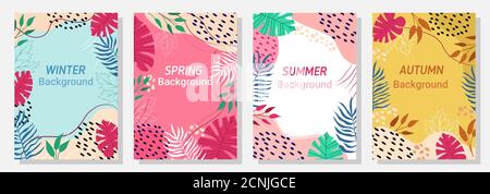 Vector Set quattro stagioni, inverno, primavera, estate, autunno, astratto sfondi creativi con stile minimal trendy, modello, banner, prodotto, Poster. Illustrazione Vettoriale