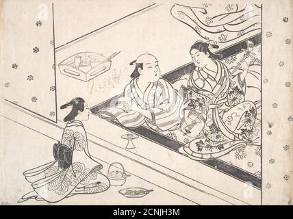 Lady Playing Shamisen, con il suo amante e Attendant nelle vicinanze. Foto Stock