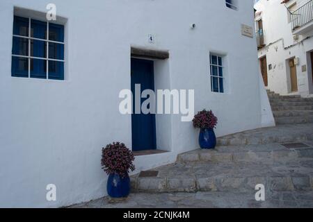 Ibiza, Ibiza città, Eivissa, Isole Baleari, muro di casa, porta anteriore, finestra, griglia, scale, piante, vicolo, Foto Stock