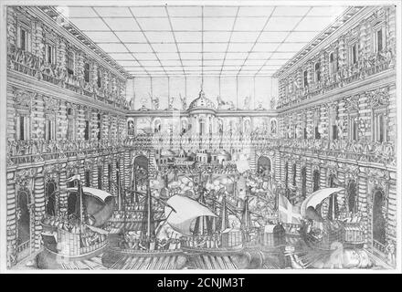 Naumachia alla Corte di Palazzo Pitti, da un album con tavole che documentano le feste della cerimonia nuziale dell'Arca Duca Ferdinando i nel 1589; Medici e Cristina di Lorena, 1589-1592. Foto Stock