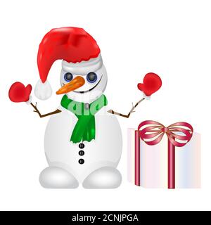 Snowman isolato su sfondo bianco. Fumetto pupazzo di neve con box regalo.pupazzo di neve di Natale che indossa cappello rosso di santas e scarf.Stock verde illustrazione vettoriale Illustrazione Vettoriale