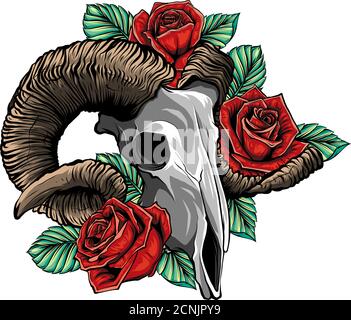 Capra cranio illustrazione vettoriale. Capra devilish simbolo magico e fiori peonie e rose Illustrazione Vettoriale