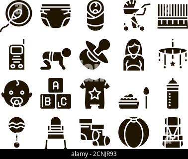 Baby vestiti e attrezzi Glyph Set Vector Illustrazione Vettoriale