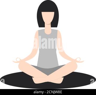 Ragazza che pratica yoga in posa meditativa del loto. Illustrazione vettoriale monocromatica. Meditazione della donna. Isolato su sfondo bianco. Illustrazione Vettoriale