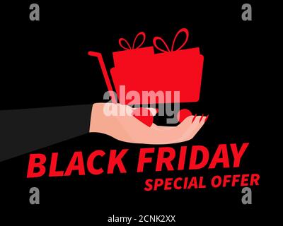 Offerta speciale Black Friday. Mano che tiene il carrello della spesa pieno di scatole. Design per articoli promozionali, striscioni, volantini e carte regalo. Illustratio vettoriale Illustrazione Vettoriale