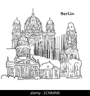 Famosi edifici di Berlino, composizione tedesca. Illustrazione vettoriale in bianco e nero disegnata a mano. Oggetti raggruppati e mobili. Illustrazione Vettoriale