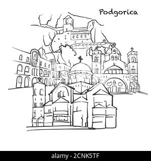 Edifici famosi di Podgorica, Montenegro composizione. Illustrazione vettoriale in bianco e nero disegnata a mano. Oggetti raggruppati e mobili. Illustrazione Vettoriale