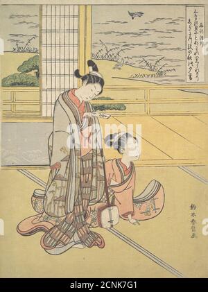 Un giovane uomo e una donna con uno Shamisen; Monk Saigyo, da una serie che allude alle tre poesie serali (Sanseki waka), ca. 1768. Foto Stock