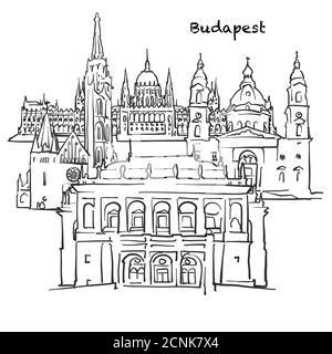 Famosi edifici di Budapest, composizione ungherese. Illustrazione vettoriale in bianco e nero disegnata a mano. Oggetti raggruppati e mobili. Illustrazione Vettoriale