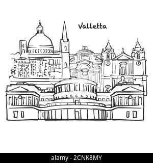 Famosi edifici di la Valletta, composizione di Malta. Illustrazione vettoriale in bianco e nero disegnata a mano. Oggetti raggruppati e mobili. Illustrazione Vettoriale