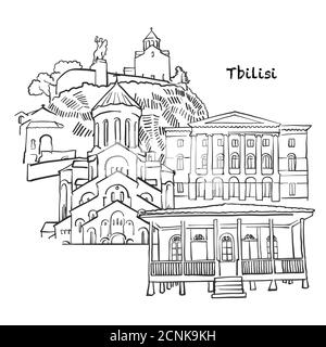 Famosi edifici di Tbilisi, Montenegro composizione. Illustrazione vettoriale in bianco e nero disegnata a mano. Oggetti raggruppati e mobili. Illustrazione Vettoriale