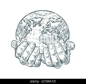 Le mani tengono il pianeta o il mondo. Ecologia o concetto aziendale Illustrazione Vettoriale