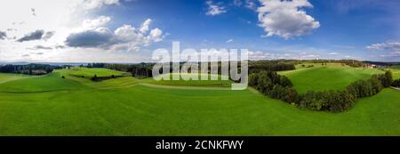 Paesaggio con pascoli verdi e foreste ai piedi delle Alpi Bavaresi, alta Baviera, Baviera Germania, Europa Foto Stock