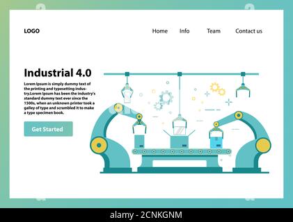 Industry 4.0 Landing page template.Smart Industrial Revolution.Robot Assistant. Illustrazione Vettoriale
