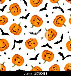 Vector Halloween sfondo senza cuciture con jack-o-lanterne (zucche), pipistrelli e stelle su bianco. Illustrazione Vettoriale
