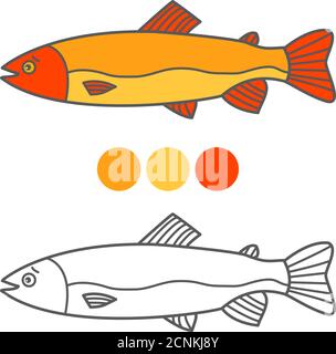 Libro da colorare per bambini. Salmone di pesce. Noodle delineato. Illustrazione Vettoriale