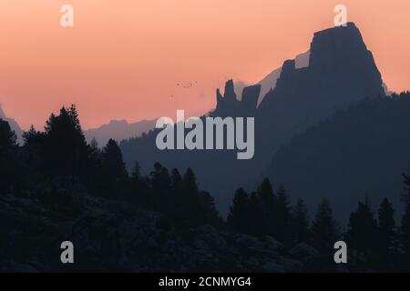 L'impressionante formazione rocciosa cinque Torri all'alba di fronte di diversi strati di catene montuose e colline in silhouette con un gregge di uccelli Foto Stock