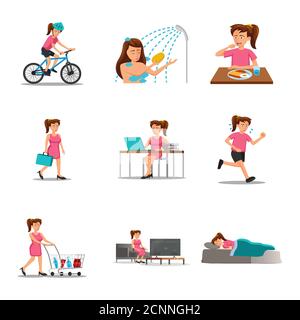 collezione di disegno piatto di personaggi donna cartone animato di routine nella versione cartoon,illustrazione vettoriale Illustrazione Vettoriale