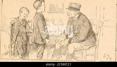 . Petites tailles et grands Coeurs, 1914! . te commandant da Hubert dans les yeux. XIII -&gt;Pas de temps à perdre. Le commandant, suivi de Pierre, redend de lapièce vide, au moment où Clémence arrivo chez lesenfants avec le déjeuner. Si les pauvres petitsnétaient pas absorbés par de si tragiques circon-Nations, ils devineraient, aux réclamations de leurestomac, que Clémence est fort travouée dans sonservice. Les événements du dehors, en effet, commeceux du dedans, sont la cause dinterminablesdiscours avec les uns et les autres. Marthe et Yvonne ont déjà demandé, au moinsdix fois, à ve Foto Stock