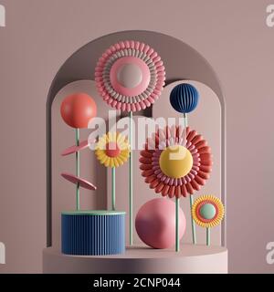 Mockup a 3D stadi per la riproduzione di fiori astratti e stand espositore, ideale per esporre prodotti o per l'uso come mock up espositore di prodotti. Foto Stock