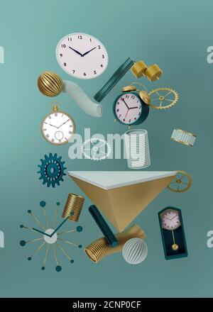 3D stage mockup mockups 3D rendering di orologi vari orologi e parti di orologio ideale per visualizzare pezzo tempo come supporto prodotto o display pubblicitario Foto Stock