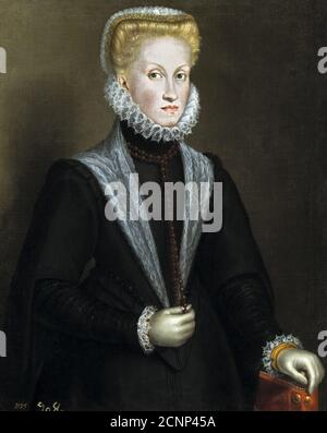 Ritratto di Anna d'Austria (1549-1580), Regina consorte di Spagna e Portogallo, 1573. Trovato nella collezione del Museo del Prado, Madrid. Foto Stock