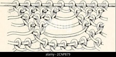 . Come fare indiano e altri cestini . FIG. 62. RETE. Fig. 61. B è una piccola borsetta a rete di rafia a maglia fine, che usa il punto a rete unica di Fig. 60. C è la rete come descritto nella borsa da lavoro A, ma ha abottom e la sommità di raffia intrecciata avvolta e cucita. D è un cestino piccolo grazioso fatto di una fibra portata da Puerto COME FARE INDIANO E ALTRI CESTINI. 57 Rico. E' composto interamente da cuciture fantasia, annodate o fastenedas richiesto. Questi punti di fantasia danno varietà meravigliosa a basketwork e possono essere presentati qui e là come gusto e abilità dictate.These possono essere imitate Foto Stock