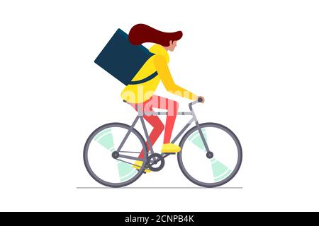 Corriere giovane femmina con zaino in bicicletta e porta merci e pacchetto di cibo. Servizio di ordinazione consegna eco a ciclo rapido. Illustrazione vettoriale eps isolata Illustrazione Vettoriale