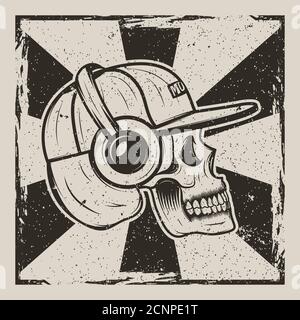 Cranio music vista laterale vettore vintage grunge design Illustrazione Vettoriale