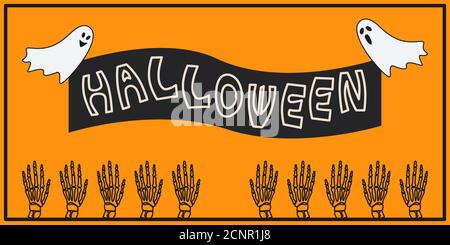 Illustrazione orizzontale vettoriale il disegno di Halloween su uno sfondo arancione. I fantasmi stanno tenendo il segno di Halloween su uno sfondo nero. Banner in vendita. Illustrazione Vettoriale