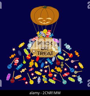 Trucco o trattare le caramelle di Halloween in palloncino di zucca. Dolcetti per bambini. Illustrazione vettoriale su sfondo blu Illustrazione Vettoriale