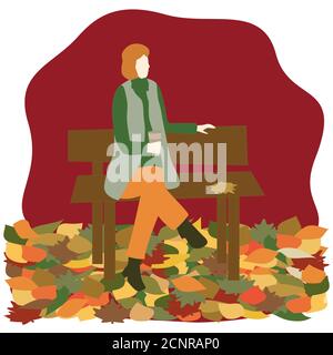 Donna è seduta su una panchina in un parco autunnale con una tazza di caffè. La caduta della vita è luminosa e bella. Illustrazione vettoriale. Stile piatto. Illustrazione Vettoriale
