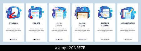 Cancelleria. Forniture per ufficio. Schermate di onboarding delle app mobili, modello di banner dei siti Web vettoriali. Illustrazione Vettoriale