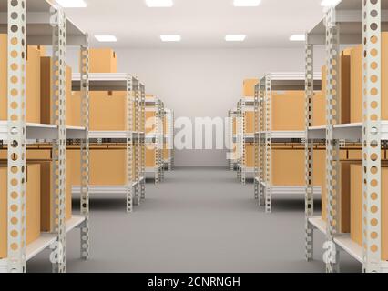 Interno del magazzino con ripiani, scaffali e scatole rappresentazione 3d. Foto Stock
