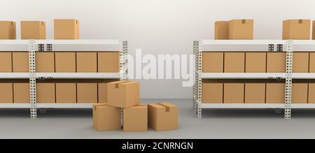 Interno del magazzino con ripiani e scatole rappresentazione 3d Foto Stock