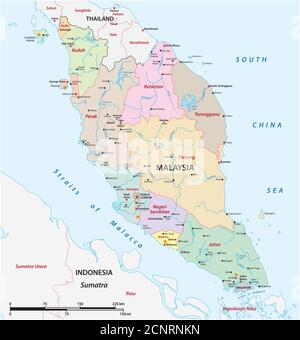 Struttura amministrativa Mappa vettoriale della Penisola Malese, Malesia Illustrazione Vettoriale