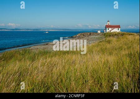 Dune di sabbia con erba di dune presso la spiaggia vicino al faro di Point Wilson al Fort Worden Historical state Park a Port Townsend, Jefferson County, Wash Foto Stock