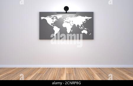 rappresentazione in 3d della stanza moderna vuota con parete grigia e pavimento in legno, l'immagine della mappa del mondo sulla parete con un punto luce. Pulire Foto Stock